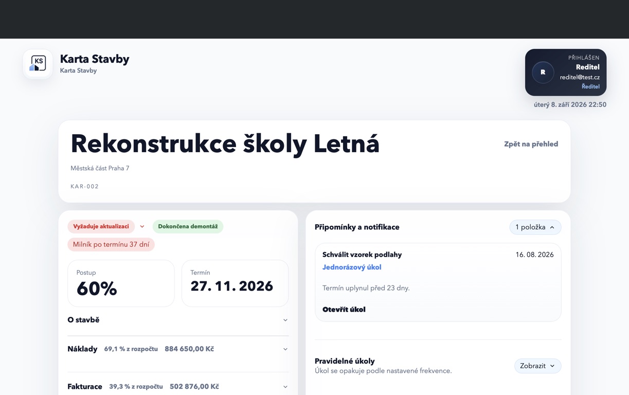 Detail vybrané stavební zakázky s postupem, termínem a náklady v aplikaci KartaStavby